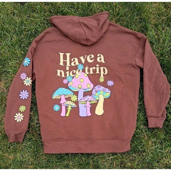 Faded Rise Tops - Faded Rise Mushroom Graphic Zip Hoodie Brown Have A Nice Trip Festival Boho Y2K